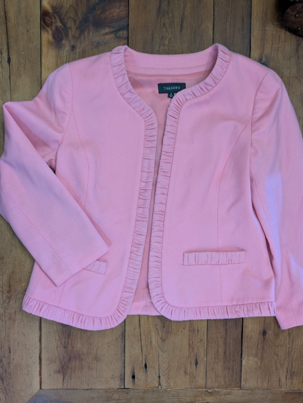 Talbots Barbie Pink Wool Blend Ruffle-Trim Open Jacket